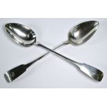 Pair of George III Irish silver fiddle pattern basting spoons