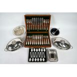 Cased set of twelve mother of pearl caviar spoons and other epns wares