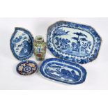 Two 18th century blue and white tureen stands, leaf-shaped dish and Imari saucer, Qing dynasty