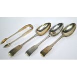 Three Irish silver serving spoons & sugar tongs