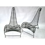 After Andre Dubreuil, a pair of verdigris patinated steel Spine chairs