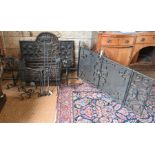 An Arts & Crafts wrought and cast iron fire basket etc.