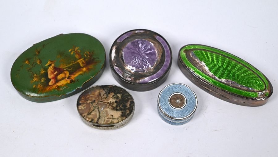 An antique base-metal oval pill box agate top and base and four other items