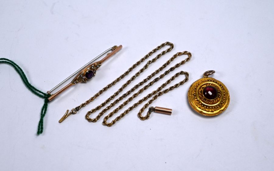 Two pieces of antique jewellery and a gold necklace