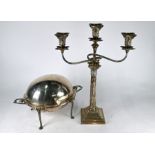 Electroplated classical column candelabrum and a revolving breakfast dish