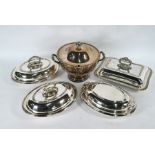 Electroplated soup tureen and four entrée dishes and covers