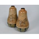 Hannah Barlow - A pair of Victorian Royal Doulton stoneware gourd vases