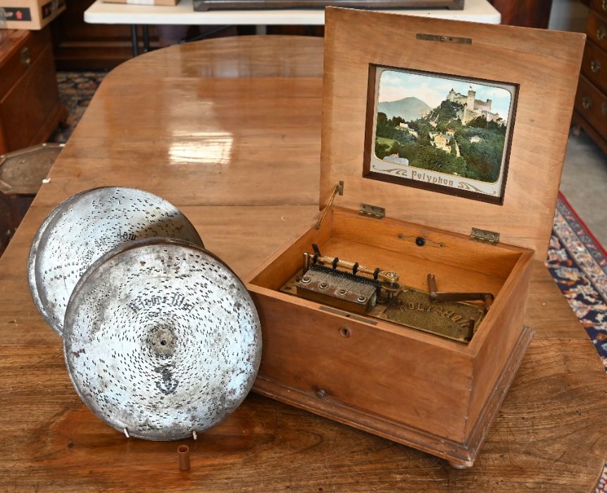 A floral marquetry walnut cased Polyphon, to/w thirteen discs - Image 5 of 9