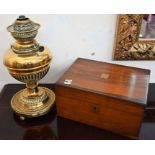 A Victorian brass oil-lamp and a walnut writing slope