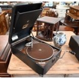 An HMV portable gramophone with no 4 pickup to/w an Underwood portable typewriter