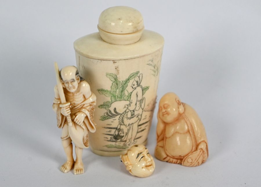 A Japanese erotic snuff bottle, Sennin ivory netsuke, Ojime bead and Hotei figure