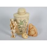 A Japanese erotic snuff bottle, Sennin ivory netsuke, Ojime bead and Hotei figure