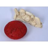 A Chinese ivory carving of Budai to/w a cinnabar red lacquer box and cover (2)