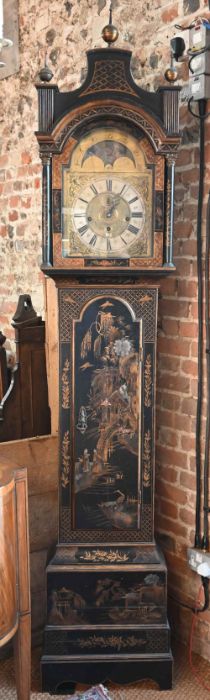 Nathaniel Birt, London, an 18th century black japanned triple fusee longcase clock