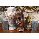 A 19th century Chinese vase, two white metal amulets and two carvings (5)