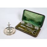 Edwardian cased manicure set with silver mounts to/w ring tree