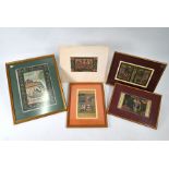 Four framed Mughal-style miniature paintings and unframed example (5)