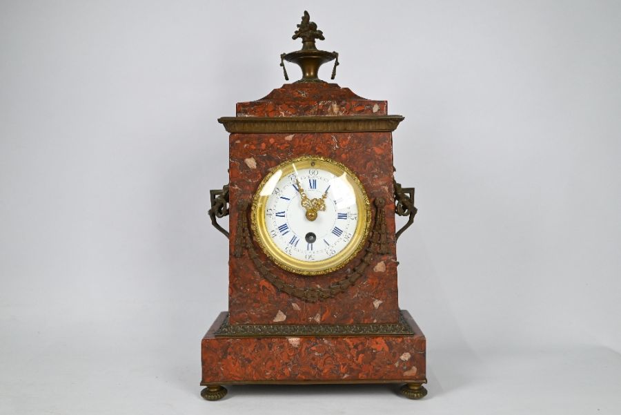 An antique gilt metal mounted pink marble clock 8-dau mantel - Image 2 of 6