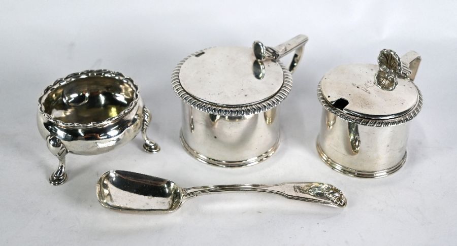 Georgian silver mustard pots, open salt & preserve spoon