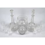 Pair of wine decanters, bowls and Waterford sherry glasses