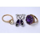 Amethyst ring, earrings and cultured pearl ring
