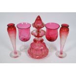 A pair of Art Nouveau cranberry glass specimen flutes and other glass