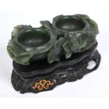 A Chinese spinach jade or hardstone double lotus brush washer, post Qing dynasty