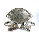 Large electroplated tray and three entrée dishes