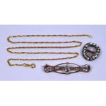 Edwardian bar brooch, gold chain and paste set buckle