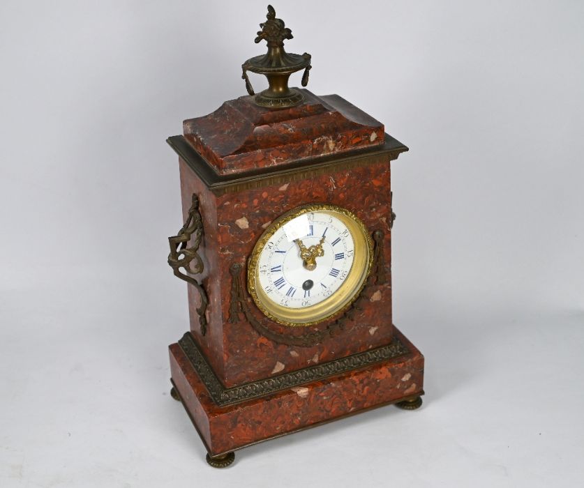 An antique gilt metal mounted pink marble clock 8-dau mantel