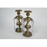 A pair of late 19th century gilt metal crystal hung lustres