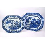 Two Chinese export blue and white platters painted with pagoda river landscapes (2)