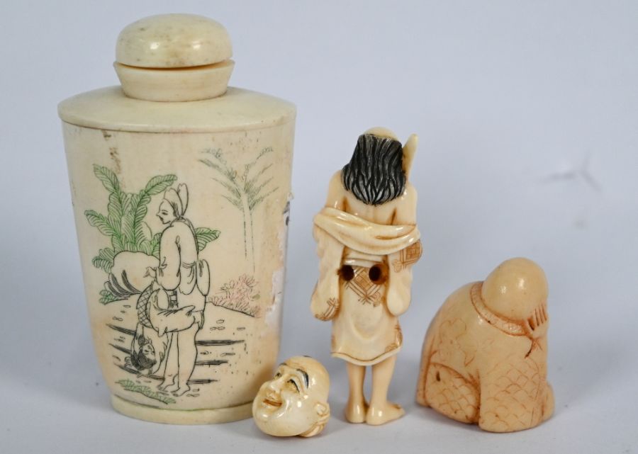 A Japanese erotic snuff bottle, Sennin ivory netsuke, Ojime bead and Hotei figure - Image 3 of 3