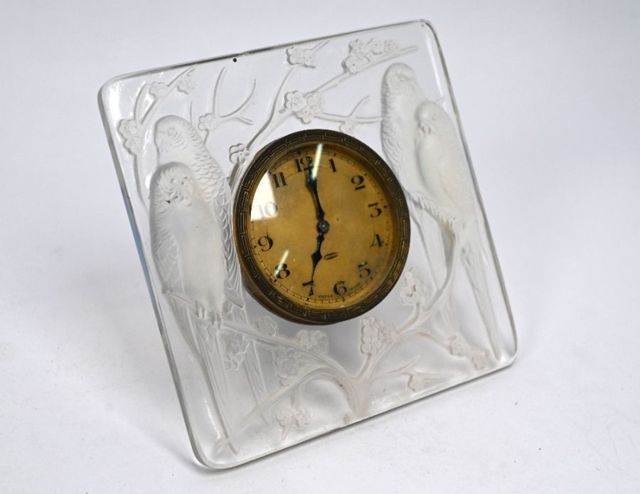 A Lalique opalescent glass 'Inseparables' strut clock