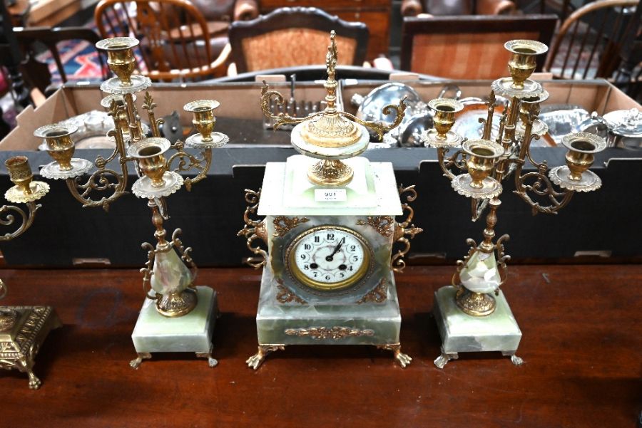 A French gilt metal and green onyx three piece clock garniture, circa 1900