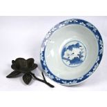 A Chinese export blue and white 'Immortals' bowl to/w bronze Sakura branch (2)
