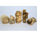 Four Japanese netsuke to/w monkey enfraved circular pill box and cover (5)