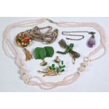 Green jade brooch and earrings and other items of jewellery