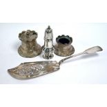 Military interest: Victorian silver fish slice, pepperette and ep 'Turrett' salt and mustard