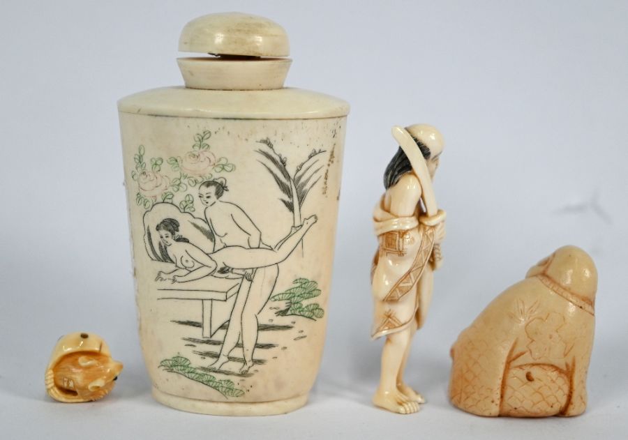 A Japanese erotic snuff bottle, Sennin ivory netsuke, Ojime bead and Hotei figure - Image 2 of 3
