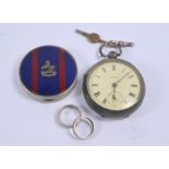 Edwardian silver pocket watch, enamelled compact & rings