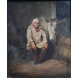 19th century study of a man seated in a stable with donkey