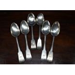 Set of six William IV Irish silver fiddle pattern tablespoons