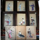 Nine Japanese woodblock ukiyo-e coloured prints of Bijin (9)