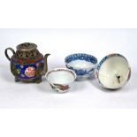 Two 18th century Chinese export bowls to/w a small blue ground tea pot and Chinoiserie tea bow (4)