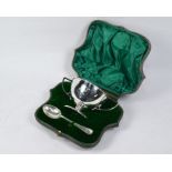 Cased silver christening bowl and spoon