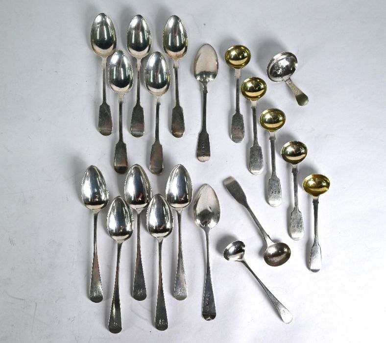 George III silver caddy spoon, salt spoons and teaspoons