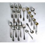 George III silver caddy spoon, salt spoons and teaspoons