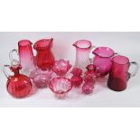 Five various large cranberry glass jugs