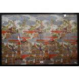 An Oriental printed silk pictorial view of a traditional village